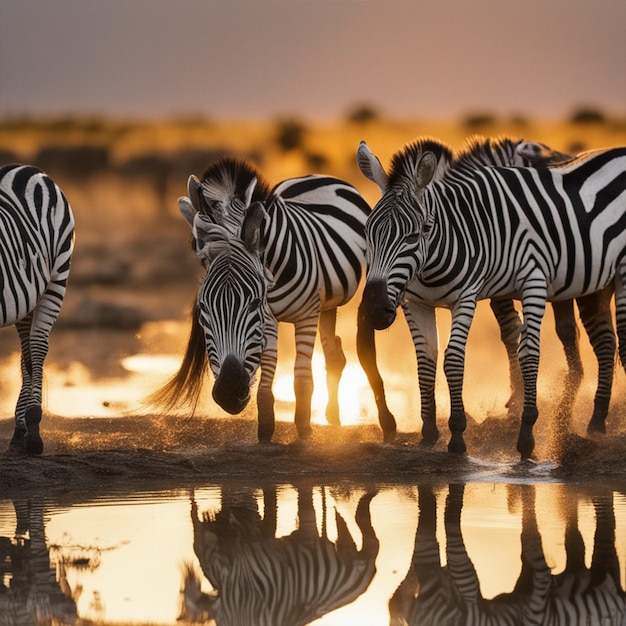 Photo a group of zebras drinking water with the sun behind them