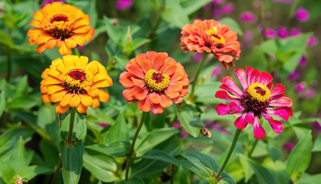 庭のジニアの花のグループ