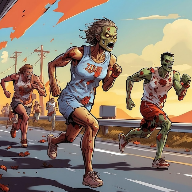 Photo a group of zombies doing a marathon race