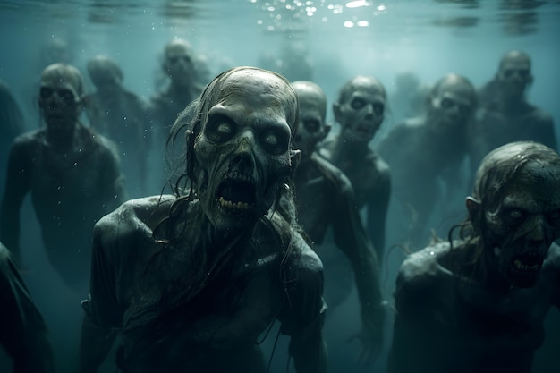 Group of zombies underwater neural network generated photorealistic image