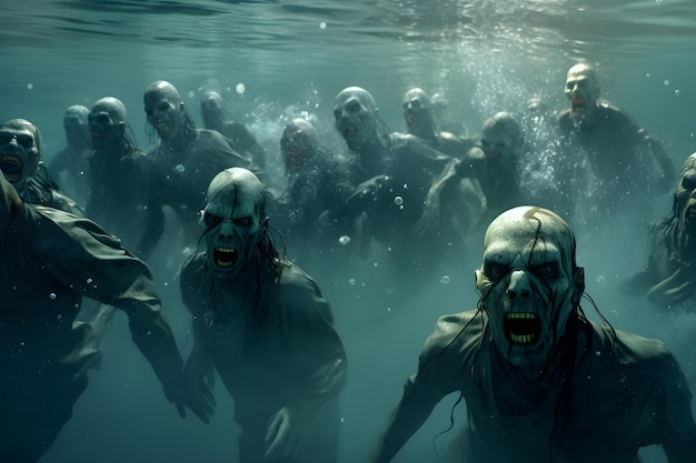 Group of zombies underwater neural network generated photorealistic image