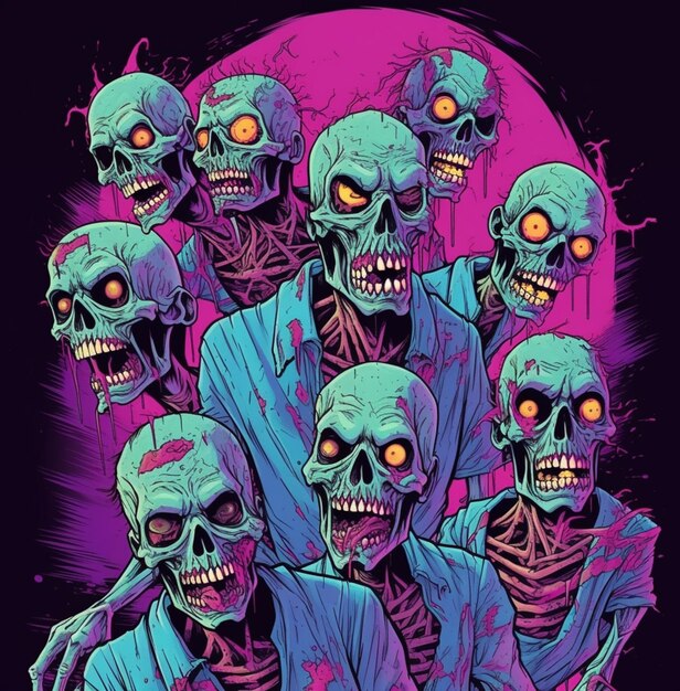 a group of zombies with glowing eyes and arms in front of a purple background generative ai