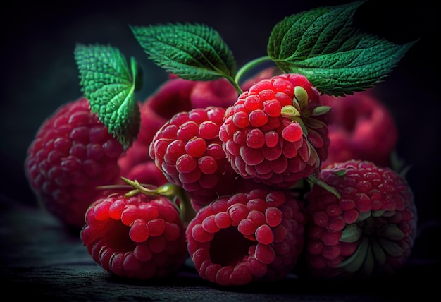 Grouped raspberry fruits on dark background Generative AI