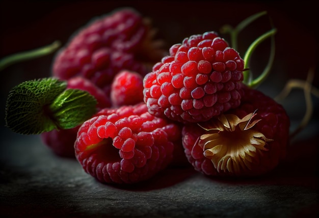 Grouped raspberry fruits on dark background Generative AI