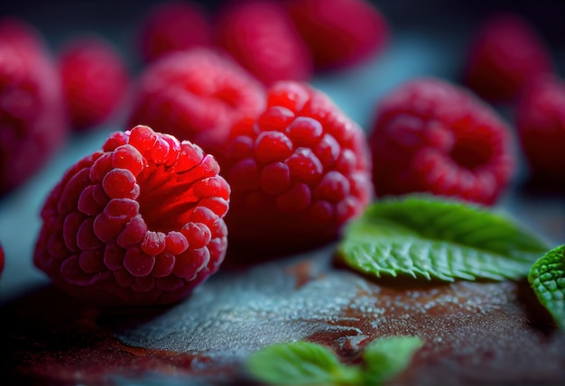 Фото Сгруппированные плоды малины на темном фоне генеративный ии