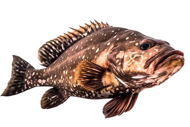 A Grouper fish that is black and white with a red stripe on the bottom