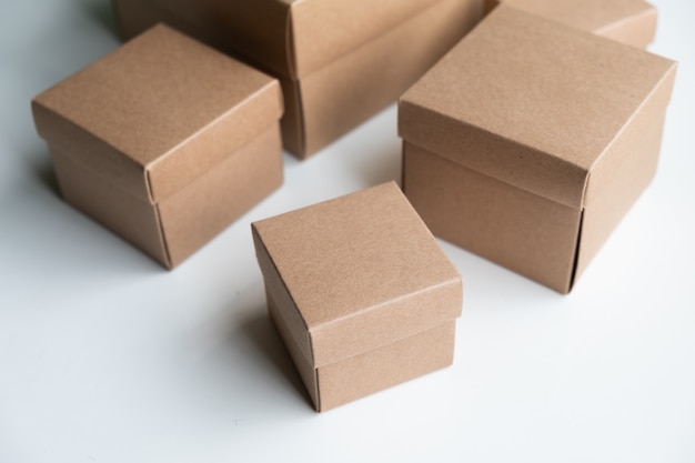 Photo grouping of cardboard boxes on white background