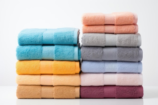 A grouping of fresh towels positioned separately against a plain white background