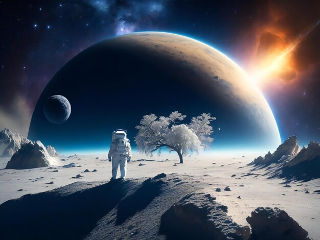 Groups of astronomy and astronauts exploring planets in outer space ai generated