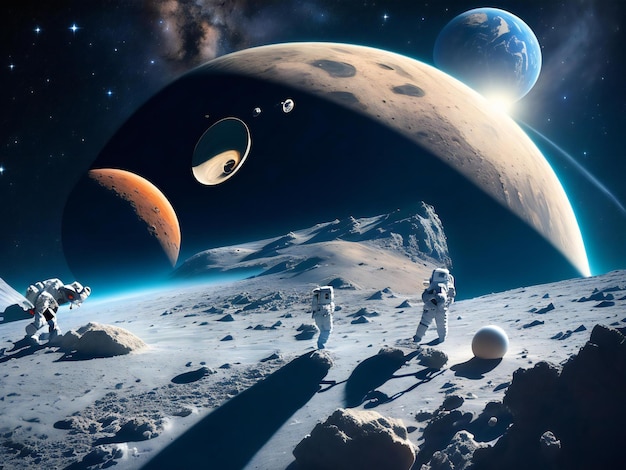 Groups of astronomy and astronauts exploring planets in outer space ai generated