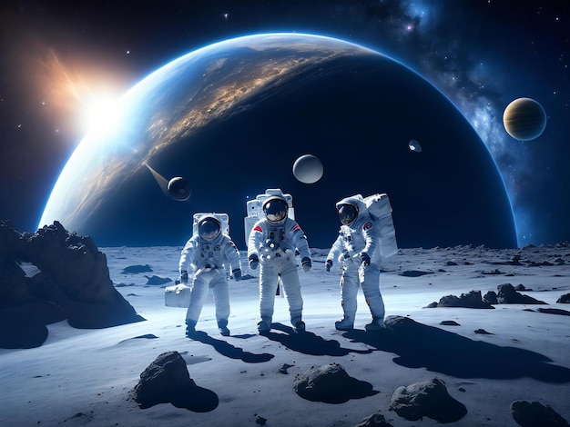 Groups of astronomy and astronauts exploring planets in outer space ai generated