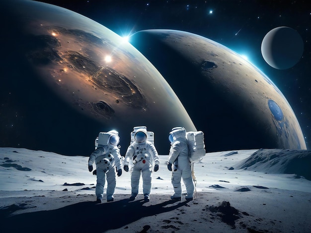 Groups of astronomy and astronauts exploring planets in outer space ai generated