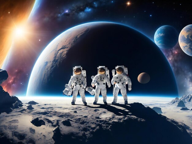 Groups of astronomy and astronauts exploring planets in outer space ai generated