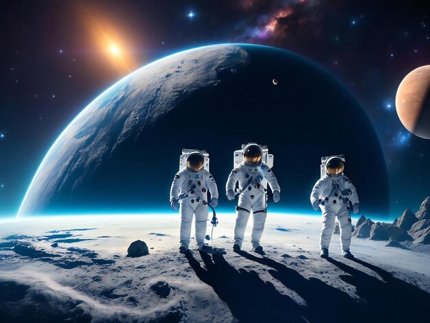 Groups of astronomy and astronauts exploring planets in outer space ai generated