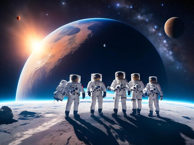 Groups of astronomy and astronauts exploring planets in outer space ai generated