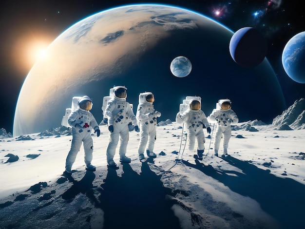 Groups of astronomy and astronauts exploring planets in outer space ai generated