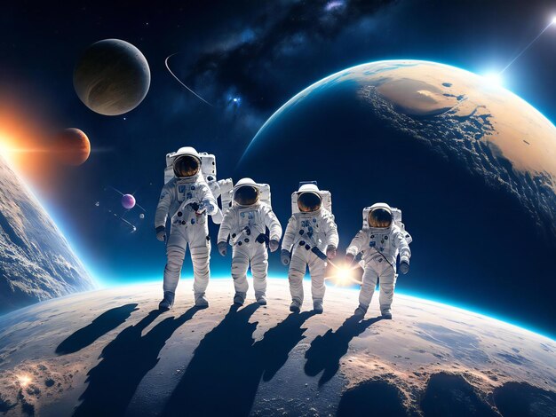 Groups of astronomy and astronauts exploring planets in outer space ai generated