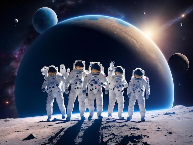 Groups of astronomy and astronauts exploring planets in outer space ai generated