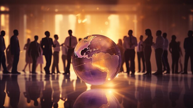 groups of Business people silhouetted around a globe in the style of light purple and light amber wealthy portraiture