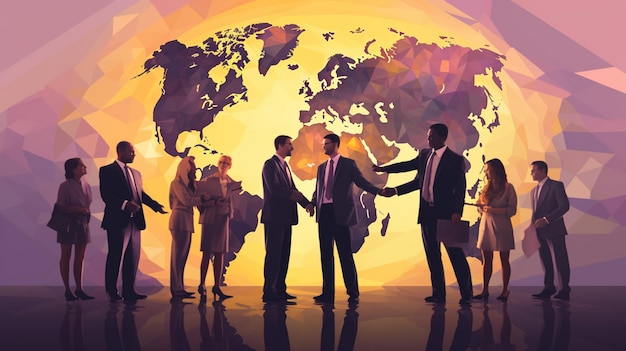 groups of Business people silhouetted around a globe in the style of light purple and light amber wealthy portraiture
