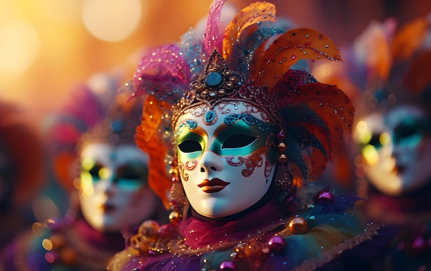 groups of people in Costumes colorful carnival masks