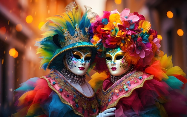 groups of people in Costumes colorful carnival masks