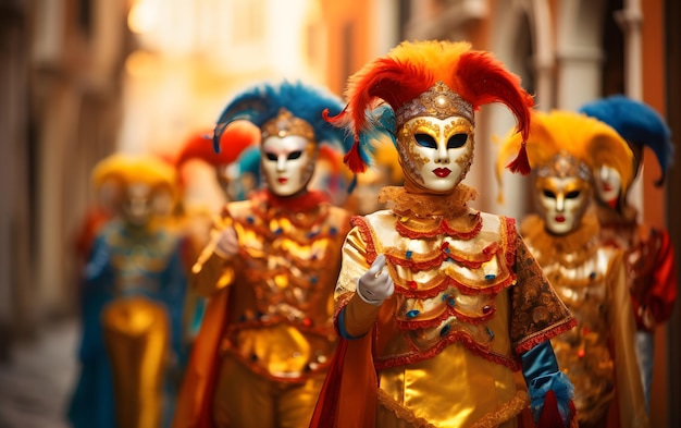 groups of people in Costumes colorful carnival masks