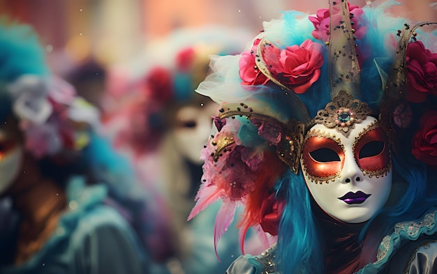 groups of people in Costumes colorful carnival masks