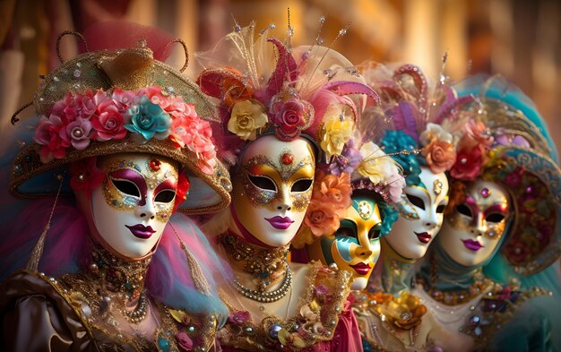 groups of people in Costumes colorful carnival masks