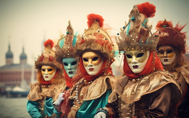 groups of people in Costumes colorful carnival masks