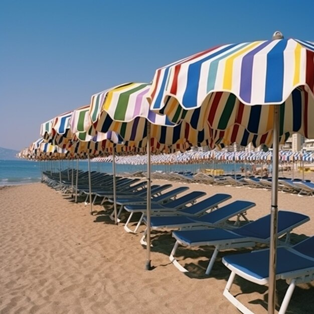 A grove of beach chairs and umbrellas on a beach generative ai