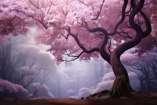 Grove Een roze boom staat hoog in het Violette Bos Generatieve AI