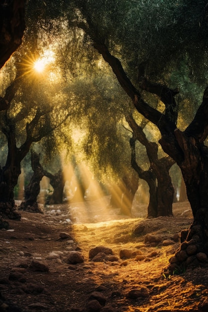 A grove of olive trees with the sun filtering through their leaves AI generated
