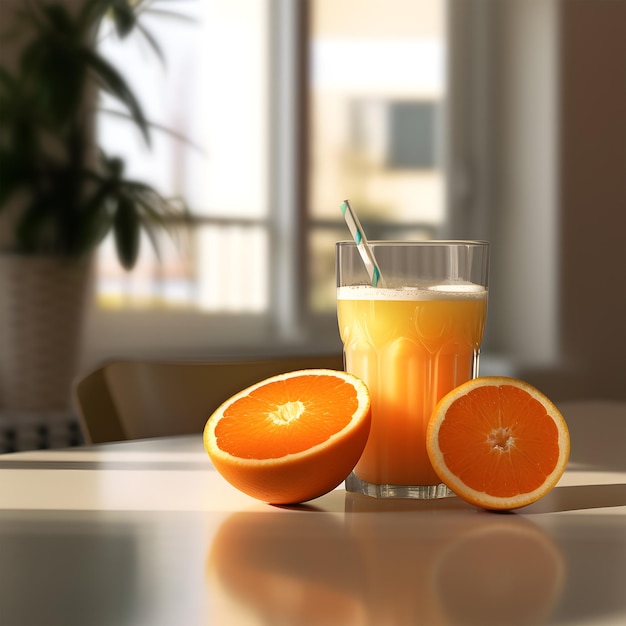 オレンジ畑とオレンジジュースのグラスがテーブルの上に置かれています