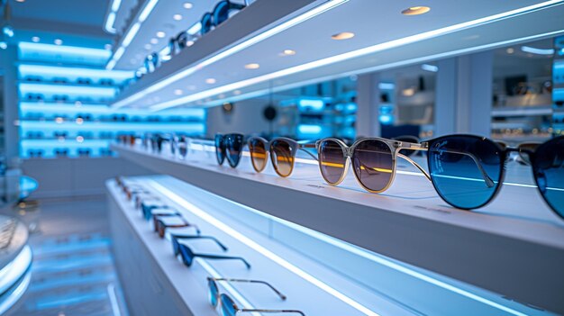 a grove of sunglasses on display in a store with a blue light generative ai