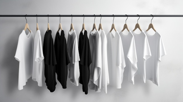 A grove of white shirts hanging on a rail in a room generative ai