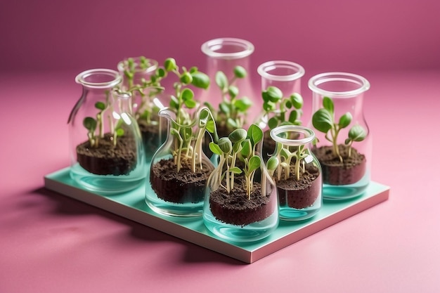 Growing of artificial food isometric composition with sprouts in laboratory beakers on pink ar c
