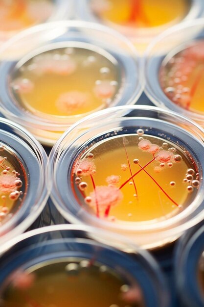 Photo growing bacteria in petri dishes on agar gel scientific experiment