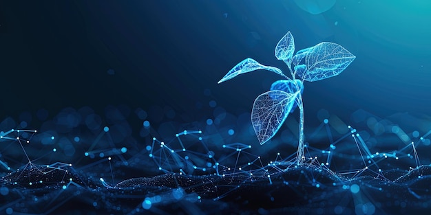 growing blue plant sprout abstract blue geometric background with wire frames
