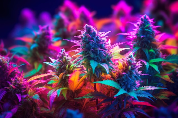 Photo growing cannabis buds in led light beams generative ai