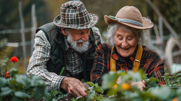 Growing caring and friendship are symbolized by an elderly couple gardening together Generative Ai