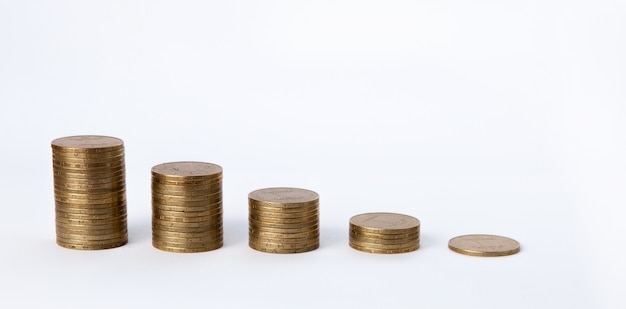 Growing coins stacks on white background. Financial growth, saving money, business finance wealth and success concept