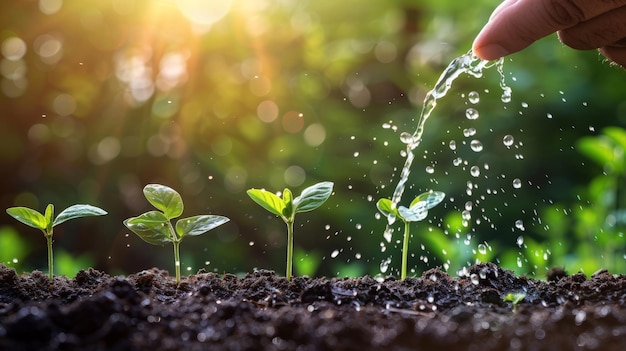 成長のコンセプト 手で若い植物に水を注ぐ