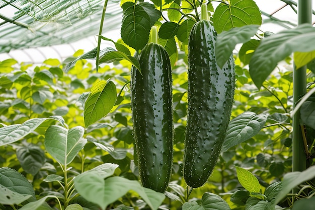 Growing cucumbers in industrial agricultural greenhouses Generative ai