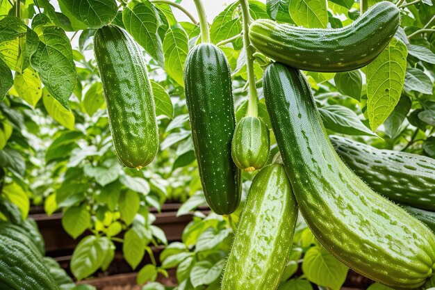 Foto coltivazione di cetrioli in serre agricole industriali ai generativa