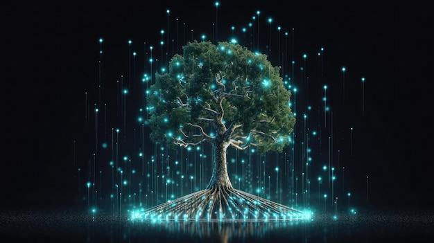 Growing digital tree with cyber banking saving and growing concept with Generative AI Technology