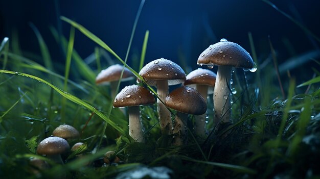 Growing fresh ai created images of wild mushrooms on the field