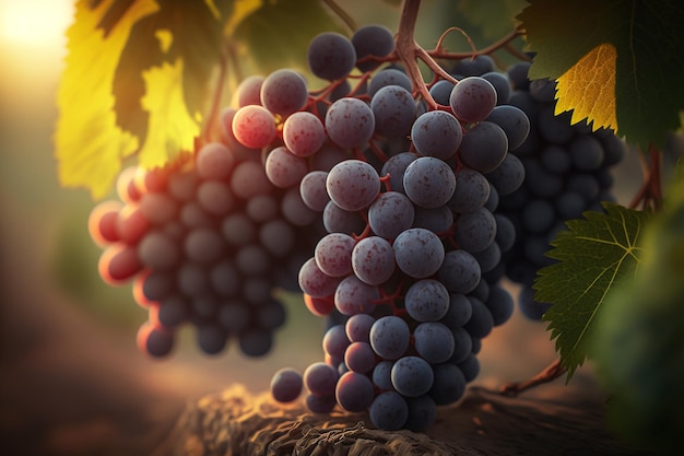 Growing grapes red wine gardening at morning sun dawn Generative AI