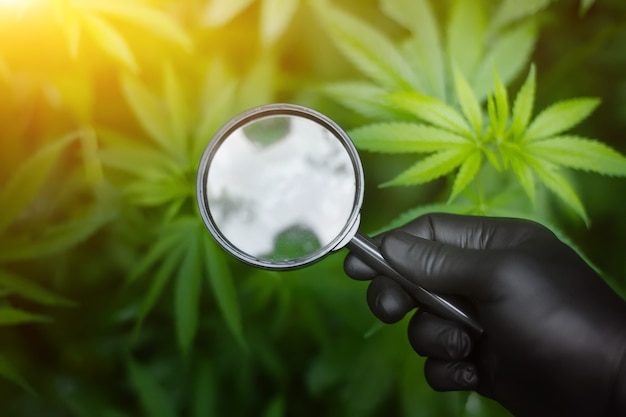 Growing hemp for the production of cannabis cbd oil. hemp bush\
with magnifying glass in hand with black glove. beautiful\
conceptual background with sunbeam