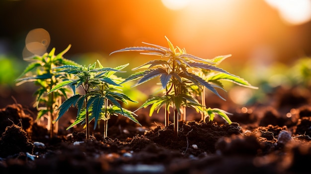 Photo growing marijuana in the sunset light cannabis cultivation